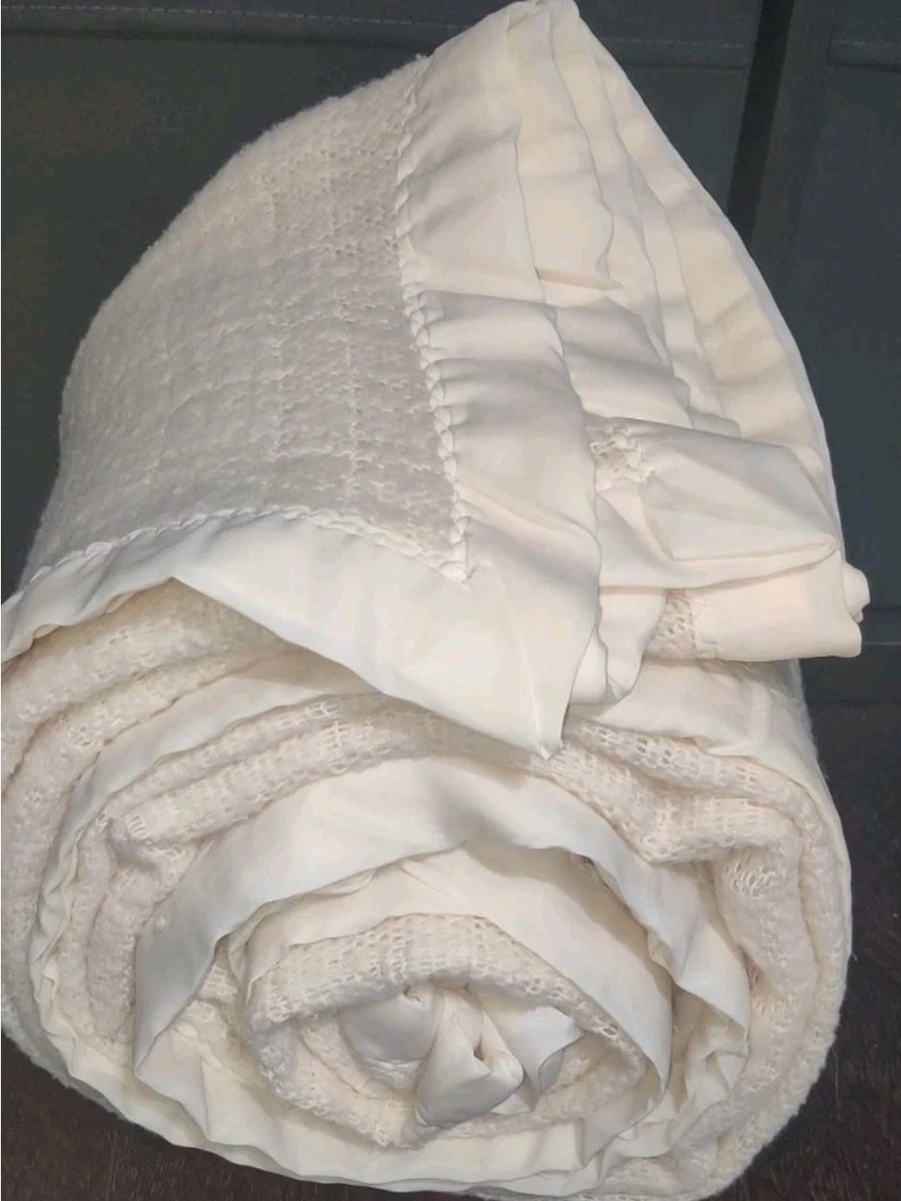 Soft Cream waffle weave blanket with satin edging